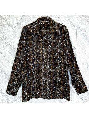 Vintage 70s Polyester Shirt Disco Point Collar Mens Large Brown Abstract Print